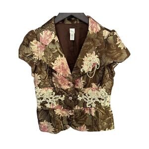 Lithe Anthropologie Womens Blazer Jacket Floral Silk Blend Lace & Pearls Size 8